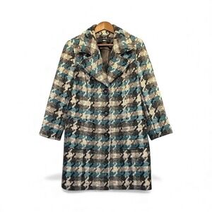 Claudia EV Women's Wool Blend Coat Sz 10 Teal Black Cream Houndstooth Tweed Chic